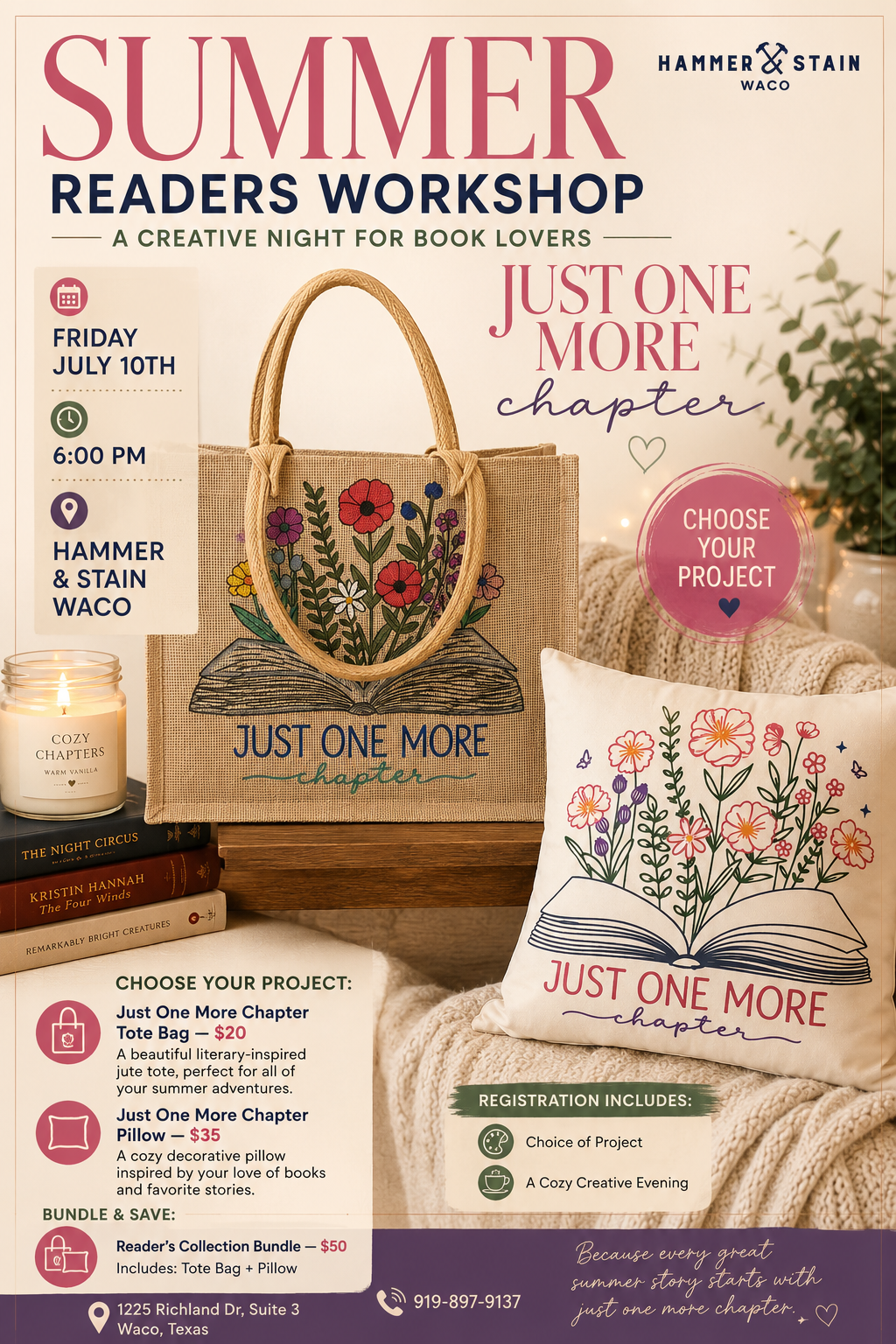 07/10/26 (Fri@6pm) Cozy Readers Workshop - Just One More Chapter Tote and/or Pillow Case