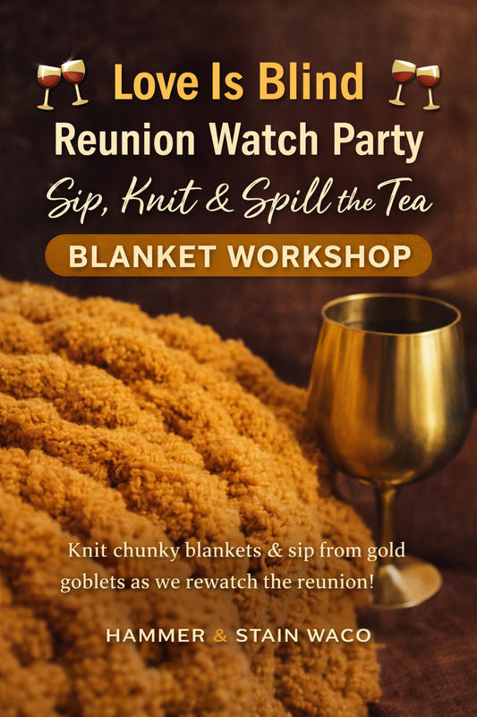 Promotional flyer for a 'Love Is Blind' reunion watch party with a blanket and gold goblet.